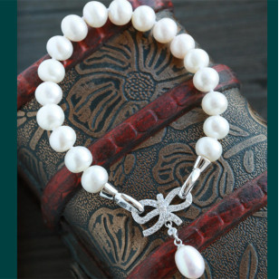 外貿天然珍珠微鑲鋯石蝴蝶結手鍊  